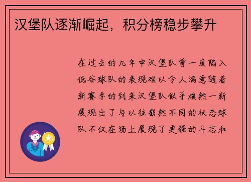 汉堡队逐渐崛起，积分榜稳步攀升